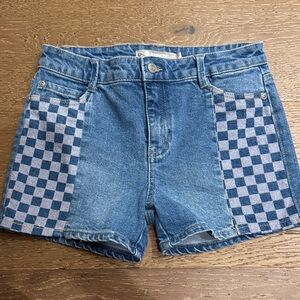 Tractr Denim Shorts Size 14 Checkered Side Panels Medium Wash